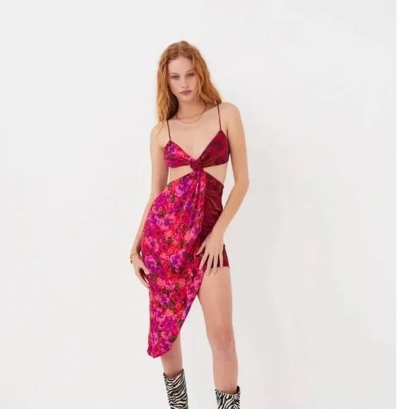 NWT For Love & Lemons Rita Midi Dress Funky Floral Asymmetrical Sz SMALL Cut Out - Picture 1 of 11